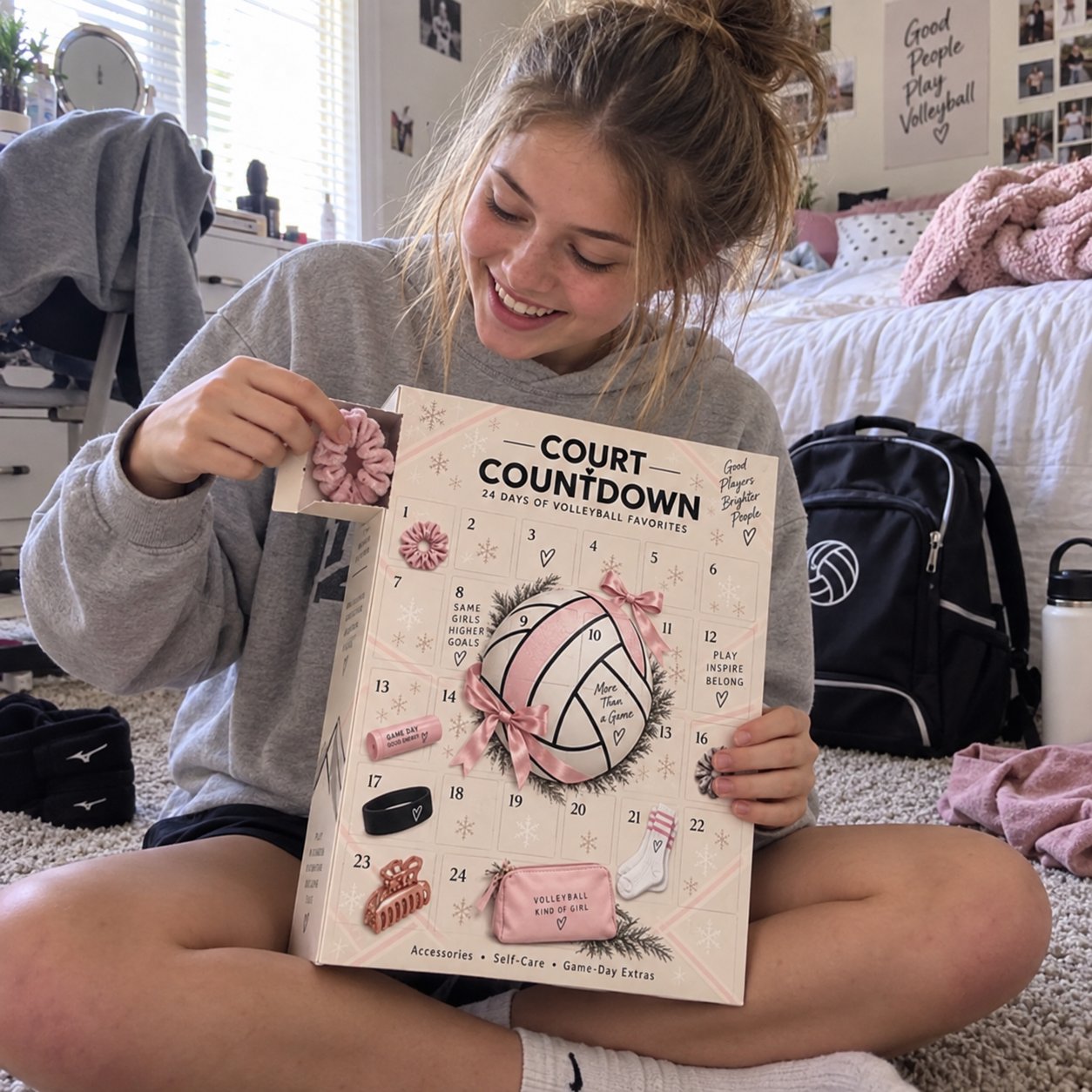 Volleyball player lifting a door with a pink scrunchie while holding the calendar on her lap