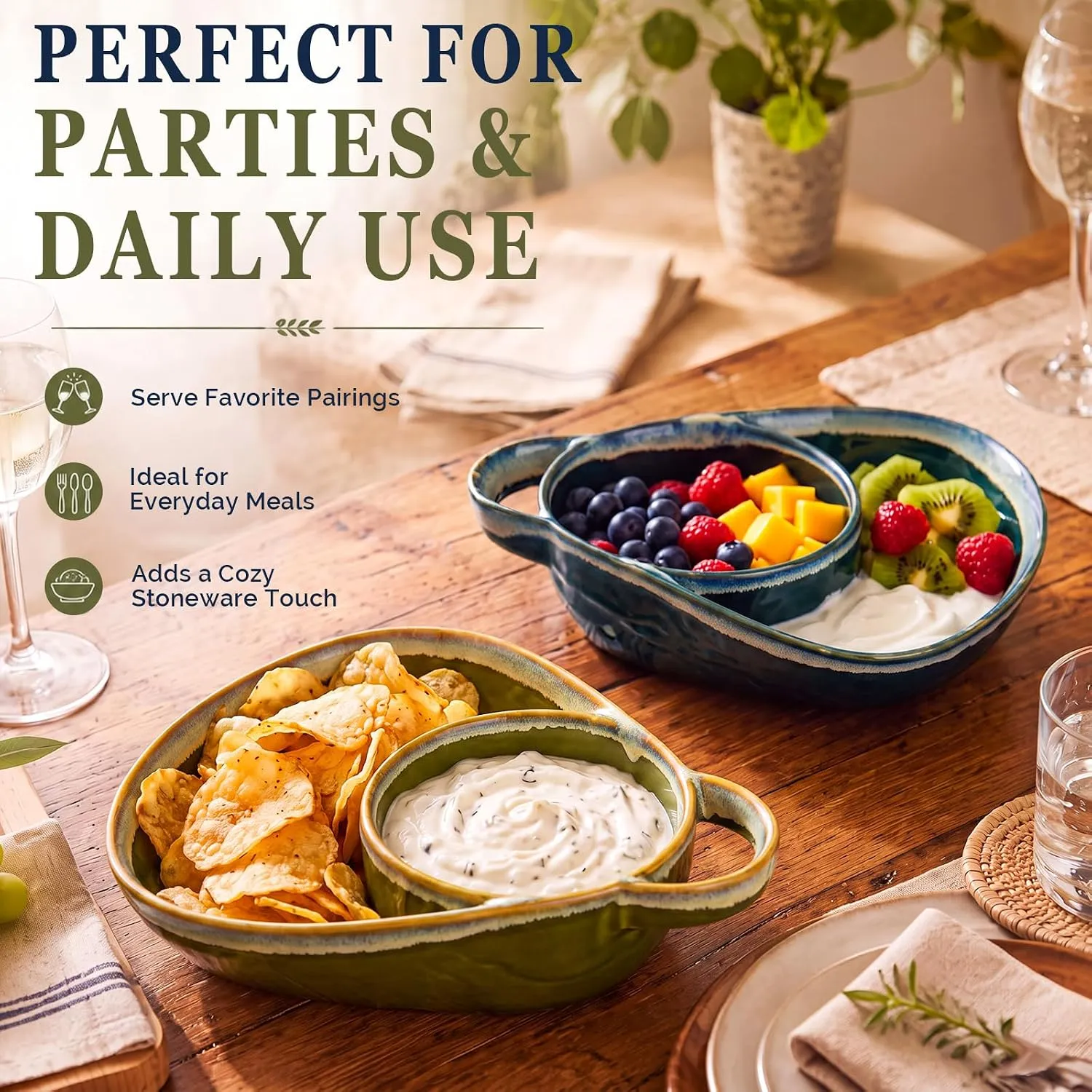 Separate sections for soup, bread, chips, dip, fruit and yogurt