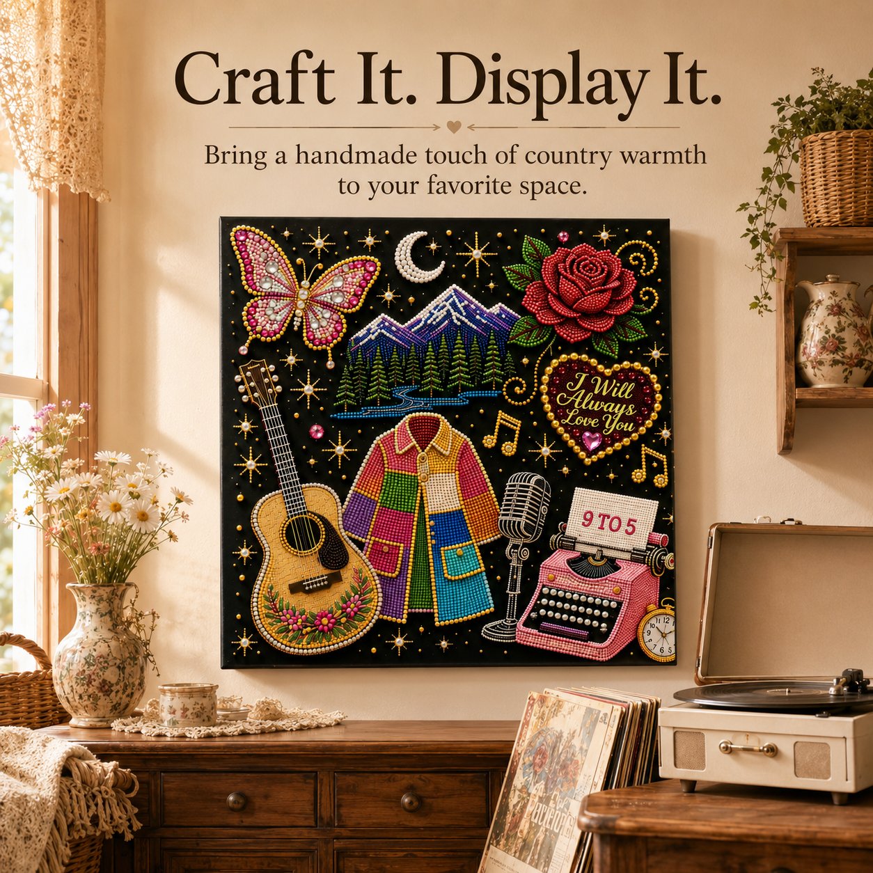 Finished country music bead art displayed in a warm home interior