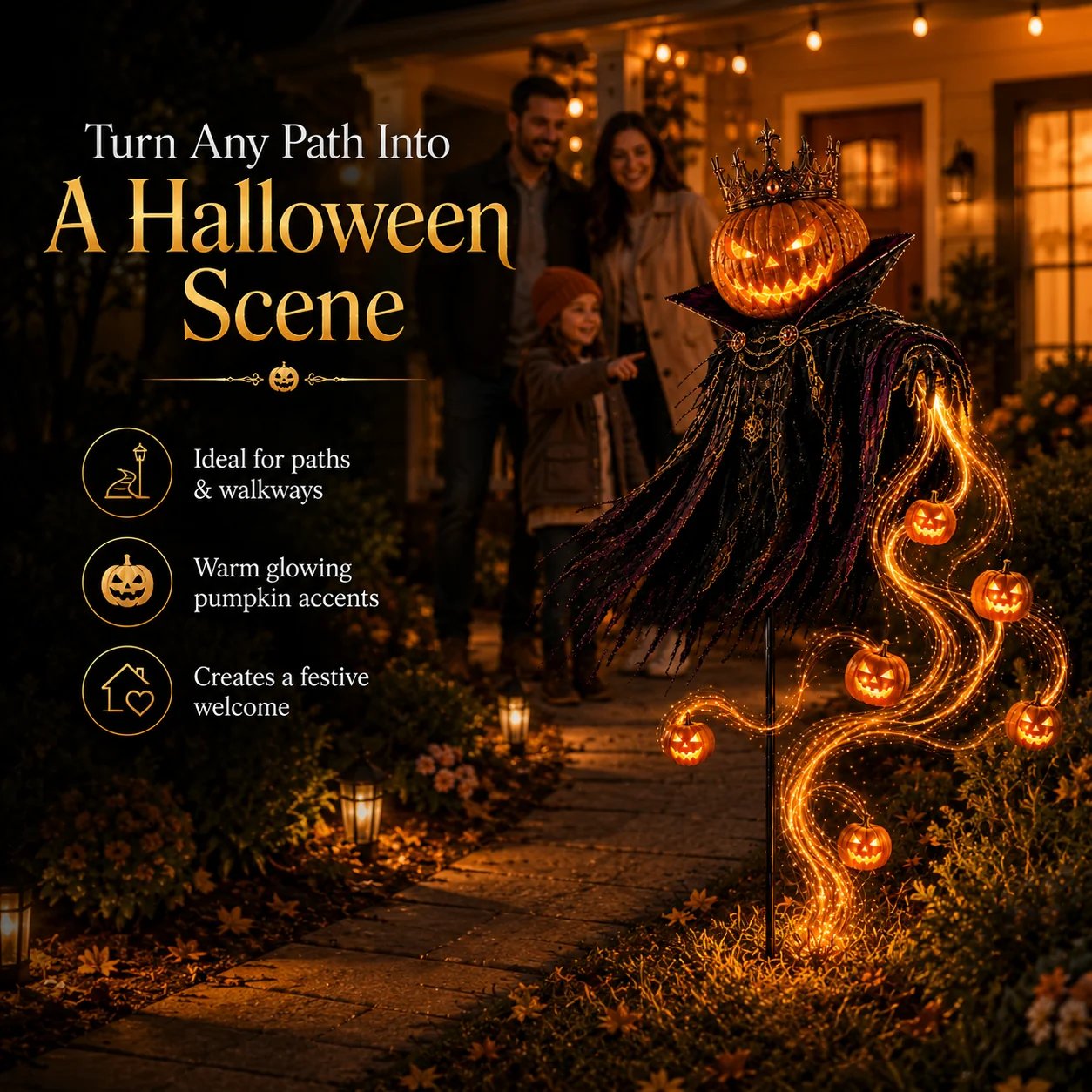 Pumpkin King Halloween light beside front walkway creating a festive path