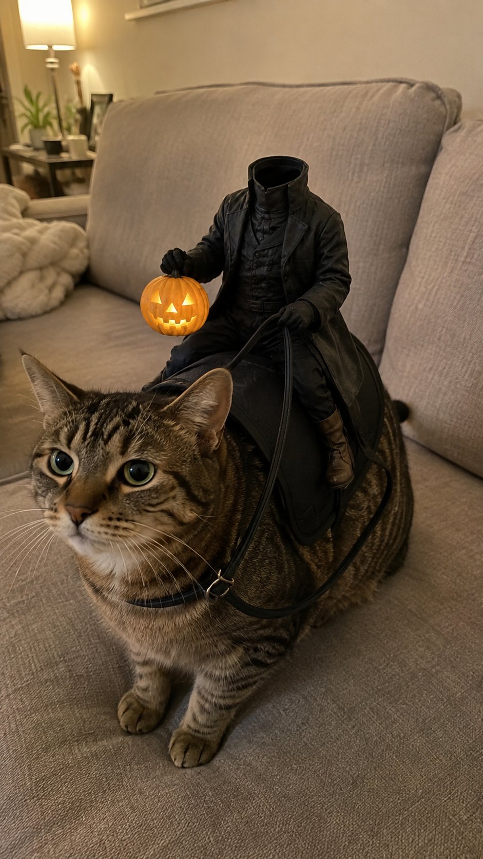 Customer-style indoor photo of a tabby cat wearing the Halloween headless rider costume on a couch