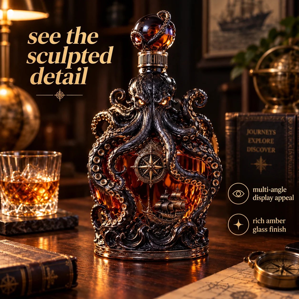 Close view of the Kraken decanter's sculpted tentacles and nautical details