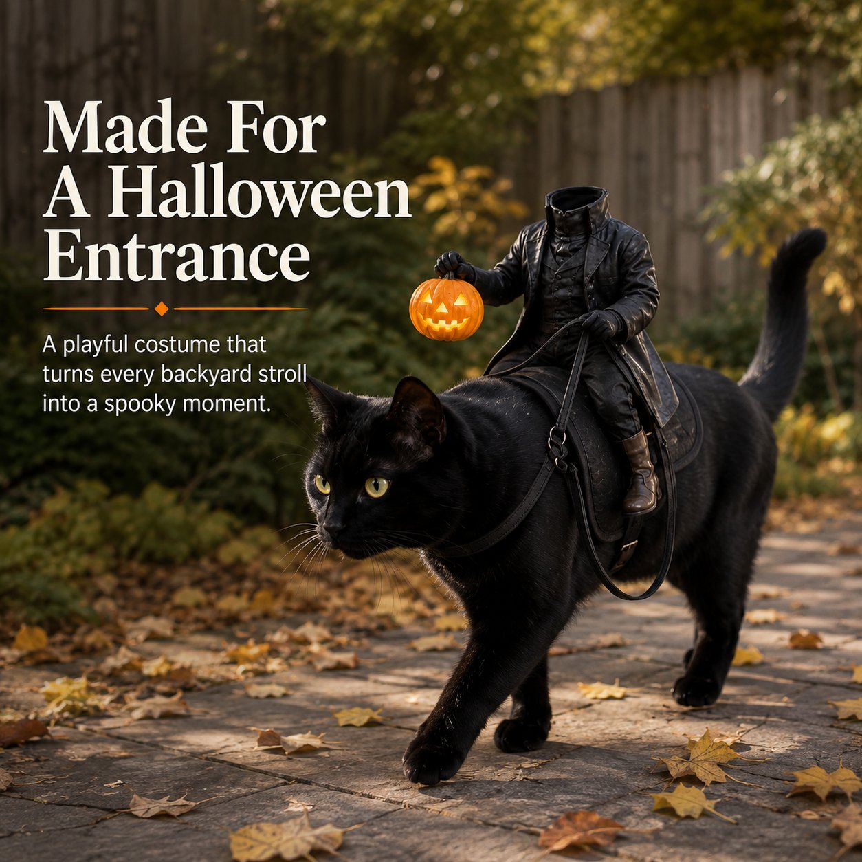 Black cat wearing a Halloween headless rider costume outdoors on a fall path