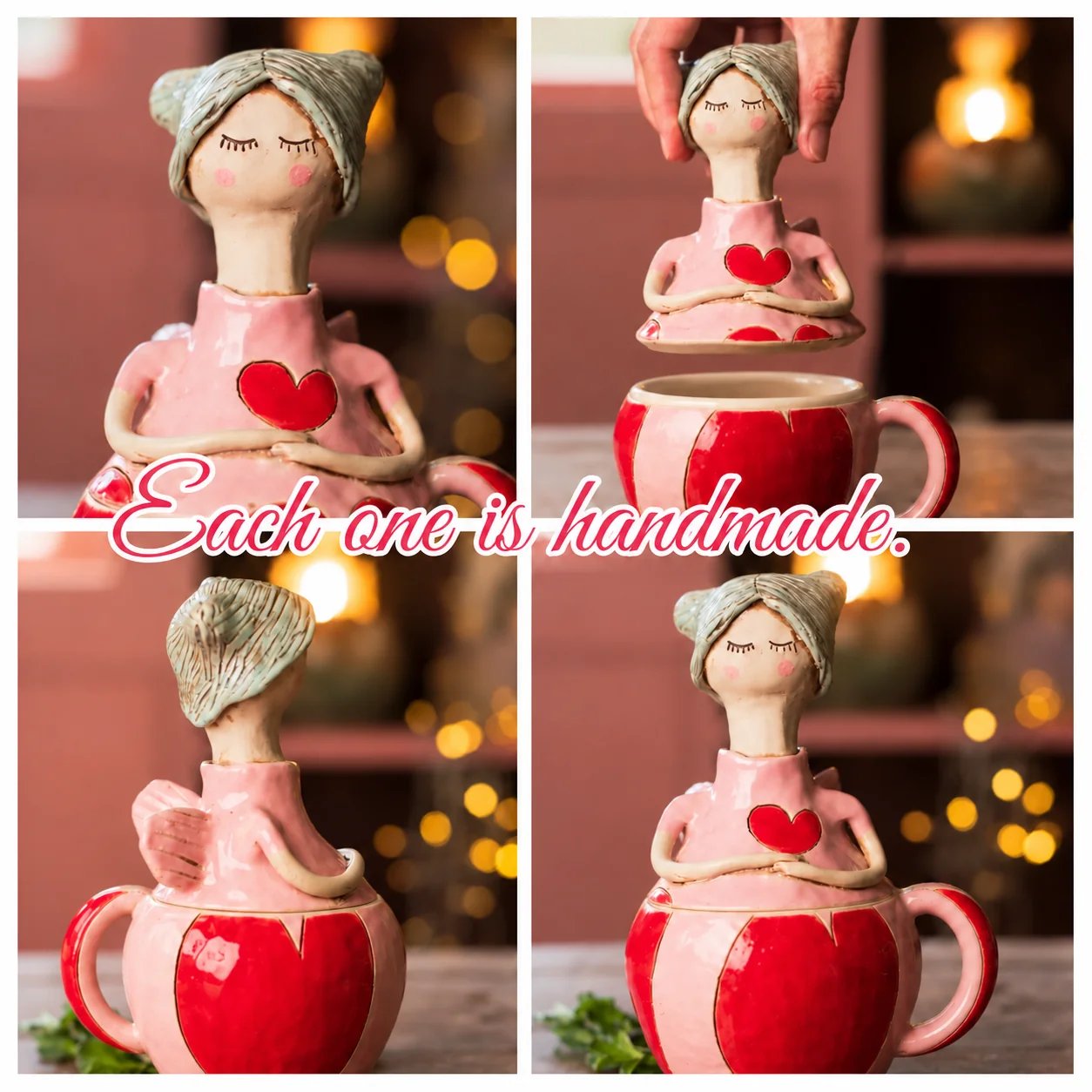 Close-up views showing the fairy lid lifted off the handled mug and the decorative face and hair details