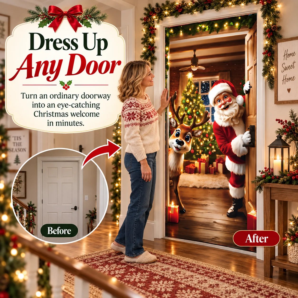 Before and after view of an ordinary doorway decorated with a Santa Christmas door cover Before and after view of an ordinary doorway decorated with a Santa Christmas door cover