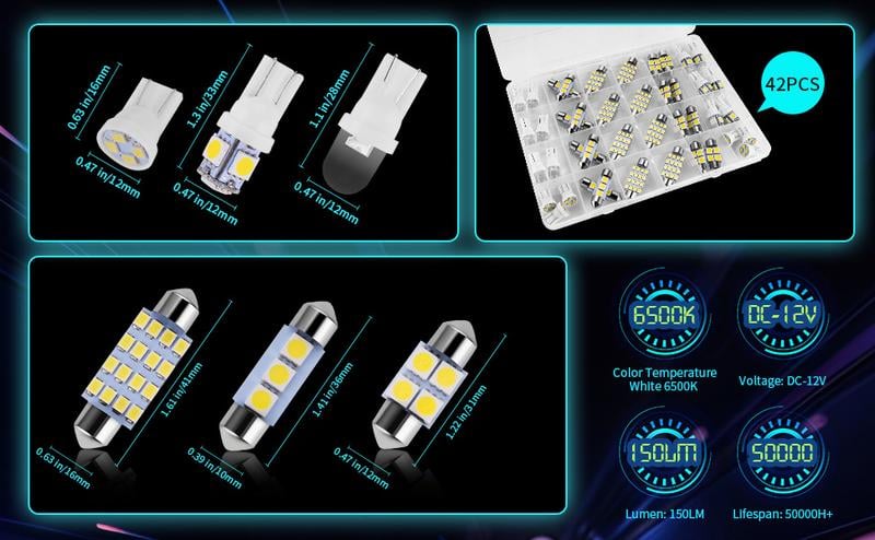 42 Pieces Interior Car Lights, Super Bright White Dome Map Tail Cab Lights Bulb Kit Set , DE3175 T10 31mm 41mm 194 LED Bulb for Your Trucks Width Lamp(White)