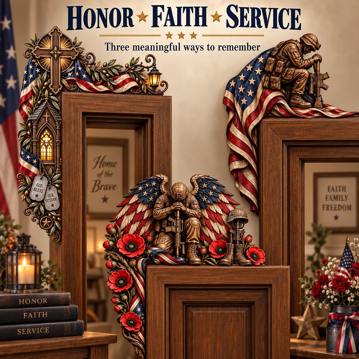 Three patriotic veteran door frame corner decor designs